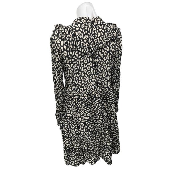 ZARA Black Cream Leopard Animal Print Long Sleeve Ruffle Mini A-line Dress XS - Picture 5 of 8